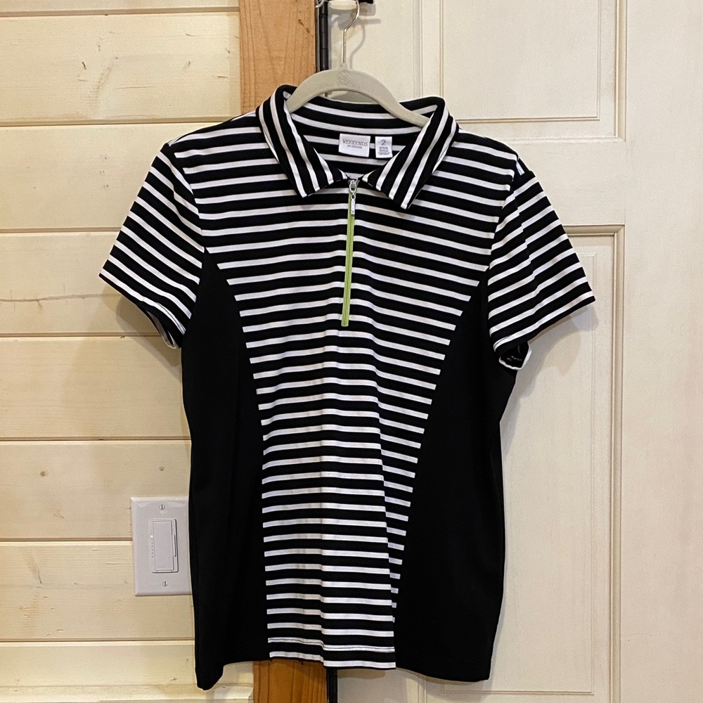 Black & White Striped Polo Top with Lime Zip